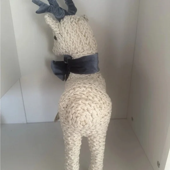 Wellesley Manor Holiday Braided Rope Reindeer  Blue Velvet Bow & Gold Bells - Picture 2 of 6